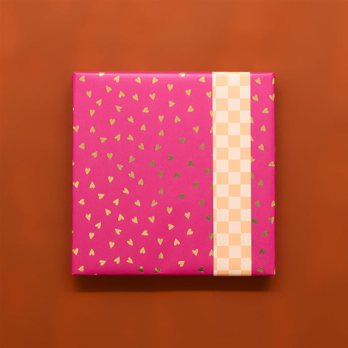 Inpakpapier - Small Hearts Pink Gold Foil - Check Peach